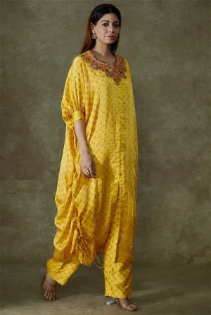 Yellow Satin Bandhani Printed Kurta Set